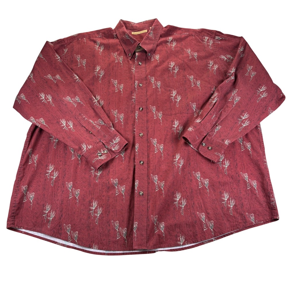 Munsingwear Button Down Shirt Mens 3X Burgundy Fly Fishing Lure All Over Print